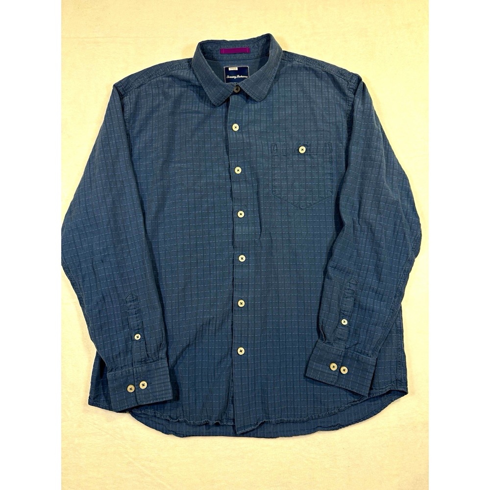Tommy Bahama Men's XL Blue Check Long Sleeve Button-Up Shirt Silk/Cotton Pockets